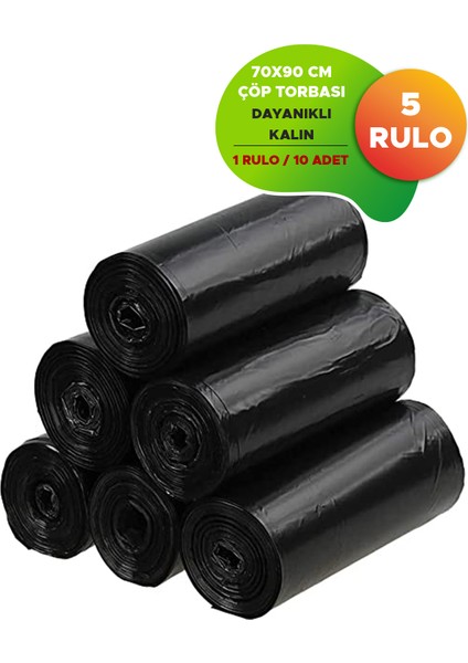 Battal Boy Siyah Çöp Torbası Endüstriyel Kalın Dayanıklı 70 x 90 Çöp Poşeti 5 Rulo 50 Adet
