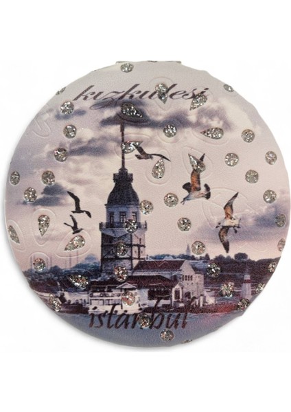 Cep Çanta Makyaj Aynası - İstanbul Desenli Temalı Ayna - Çift Taraflı - Büyüteçli - Yuvarlak 7 cm