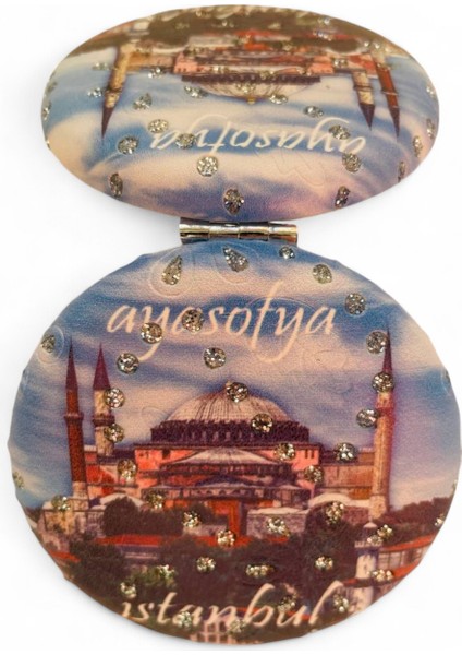 Cep Çanta Makyaj Aynası - İstanbul Desenli Temalı Ayna - Çift Taraflı - Büyüteçli - Yuvarlak 7 cm
