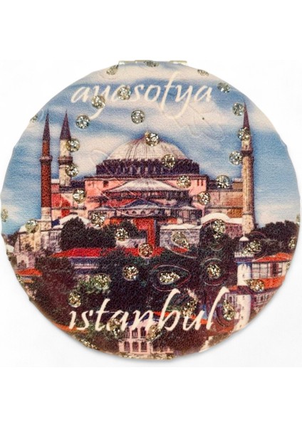 Cep Çanta Makyaj Aynası - İstanbul Desenli Temalı Ayna - Çift Taraflı - Büyüteçli - Yuvarlak 7 cm