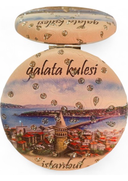 Cep Çanta Makyaj Aynası - İstanbul Desenli Temalı Ayna - Çift Taraflı - Büyüteçli - Yuvarlak 7 cm