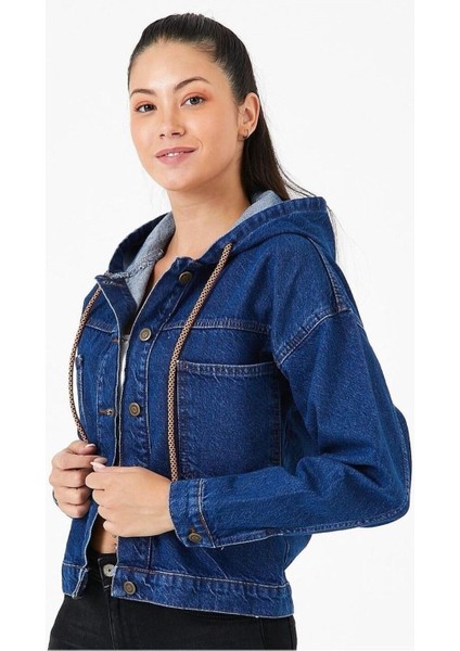 7004-KPS Kadın Kapüşonlu Düğmeli Jeans Denim Kot Ceket