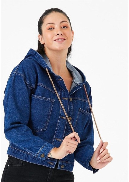 7004-KPS Kadın Kapüşonlu Düğmeli Jeans Denim Kot Ceket