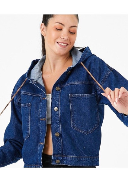 7004-KPS Kadın Kapüşonlu Düğmeli Jeans Denim Kot Ceket