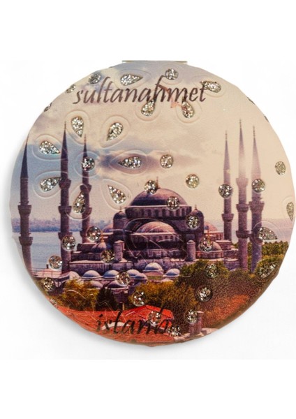 Cep Çanta Makyaj Aynası - İstanbul Desenli Temalı Ayna - Çift Taraflı - Büyüteçli - Yuvarlak 7 cm