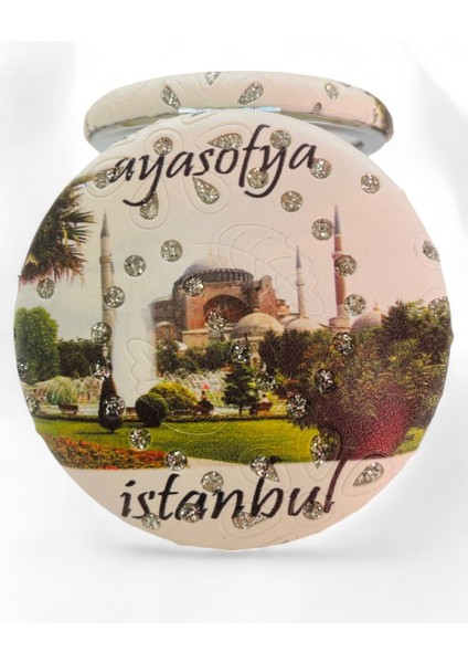 Cep Çanta Makyaj Aynası - İstanbul Desenli Temalı Ayna - Çift Taraflı - Büyüteçli - Yuvarlak 7 cm