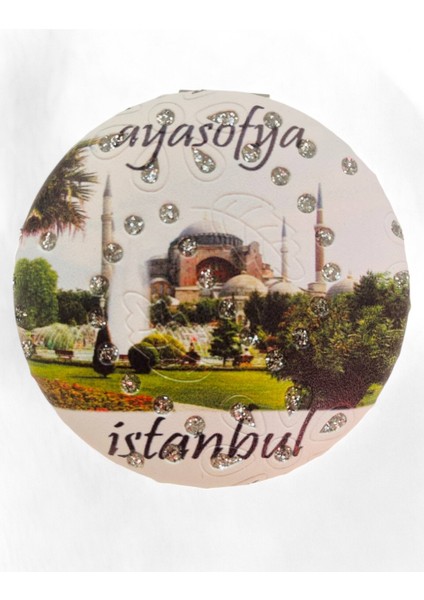 Cep Çanta Makyaj Aynası - İstanbul Desenli Temalı Ayna - Çift Taraflı - Büyüteçli - Yuvarlak 7 cm