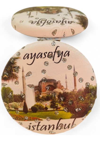 Cep Çanta Makyaj Aynası - İstanbul Desenli Temalı Ayna - Çift Taraflı - Büyüteçli - Yuvarlak 7 cm