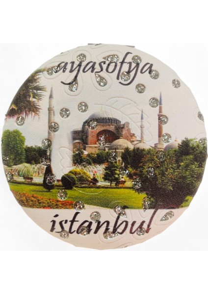 Cep Çanta Makyaj Aynası - İstanbul Desenli Temalı Ayna - Çift Taraflı - Büyüteçli - Yuvarlak 7 cm