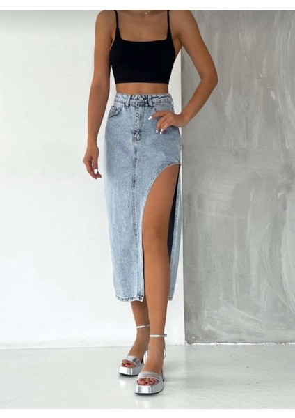 2094 Kadın Likrasız Yandan Yırtmaçlı Jeans Kot Denim Etek fiyatları
