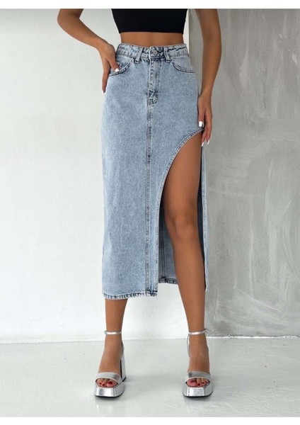 2094 Kadın Likrasız Yandan Yırtmaçlı Jeans Kot Denim Etek modelleri