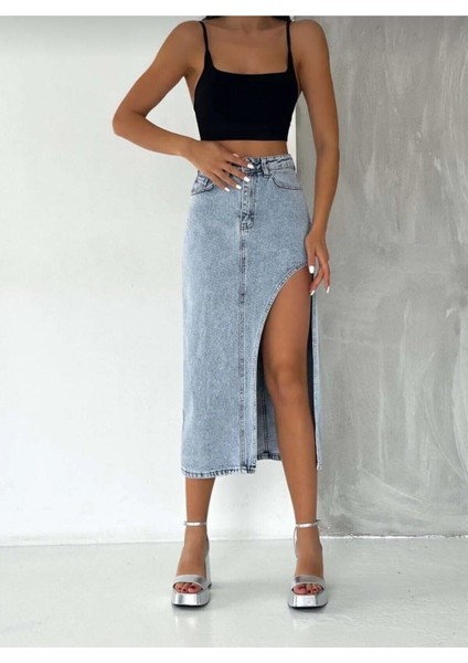 2094 Kadın Likrasız Yandan Yırtmaçlı Jeans Kot Denim Etek fırsatları