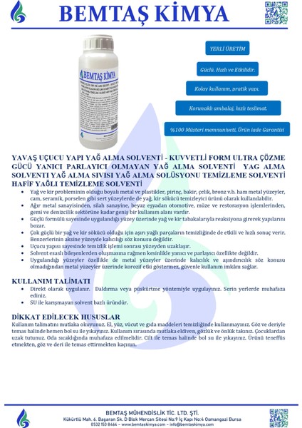 Yavaş Uçucu Yapı Yağ Alma Solventi