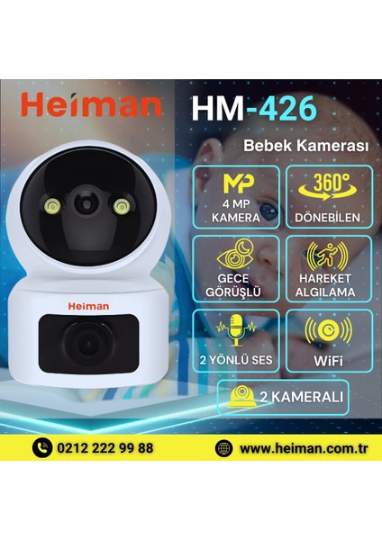 HM-426 Çift Kameralı Wifi Ptz Gece Görüşlü Bebek Kamerası