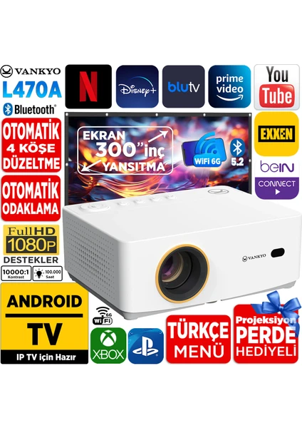 Leisure L470A Android Tv 1080P Destekli Projeksiyon Cihazı +Auto Focus+Auto Keystone+6g Wifi+5.2 BLUETOOTH+300 Inç Yansıtma+Hifi Premium Ses Sistemi Beyaz Ps5/xbox/hdmı