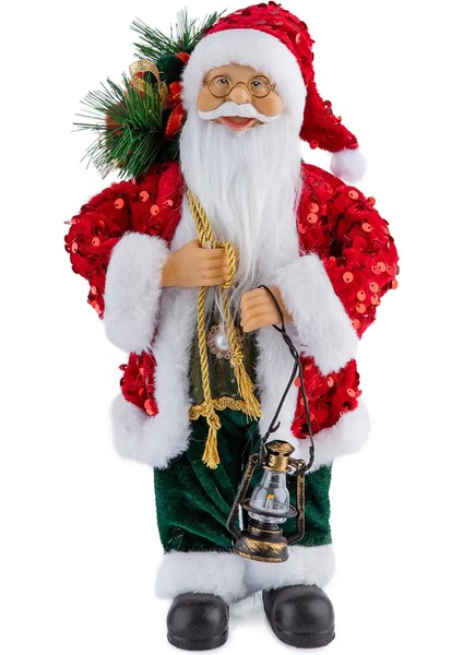 Kırmızı Payet Ceketli Fenerli Noel Baba 30 cm