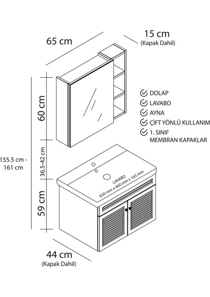 Yıldız Elegance Panjur Kapaklı Aynalı Lavabolu - Askılı Banyo Lavabo Dolabı Seti Ahşap - Beyaz