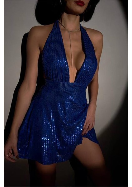 Kadın Mavi Halter Yaka Payet Elbise DPNBDF046