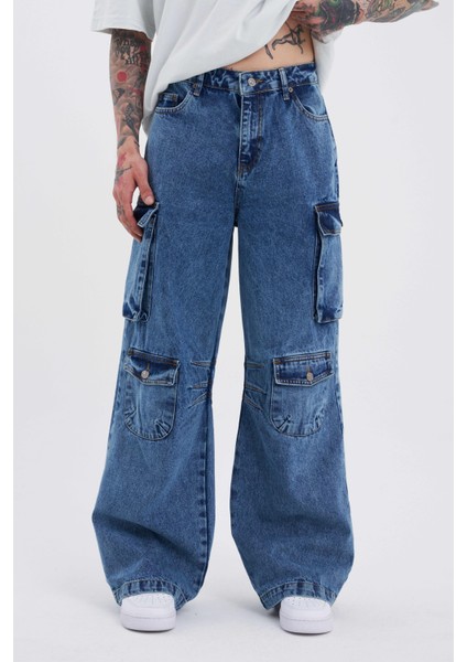 Erkek Yan Cepli Baggy Jean Pantolon Blue