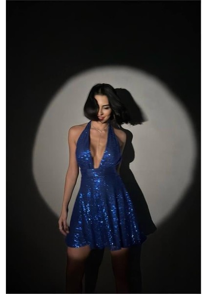Kadın Mavi Halter Yaka Payet Elbise DPNBDF046