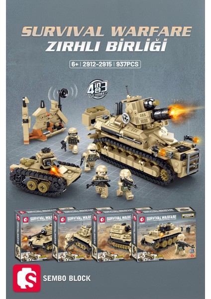 Sembo Block Survival Warfare Zırhlı Birlikler 4'ü 1 Arada 937 Parça Yapı Blokları LEGO ile Uyumlu (2912-2915)