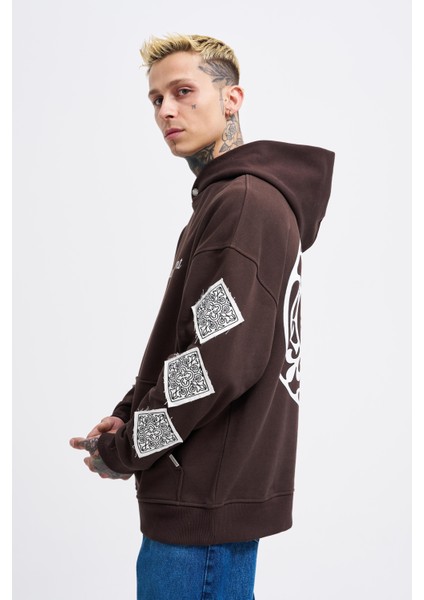 Erkek Patched Ethnic Koyu Kahve Hoodie modelleri