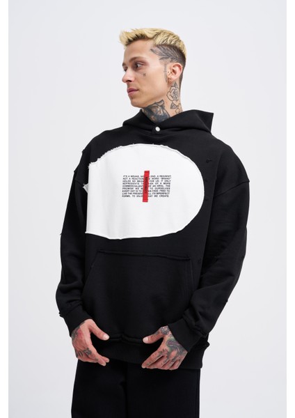 Erkek Printed And Patched Siyah Hoodie