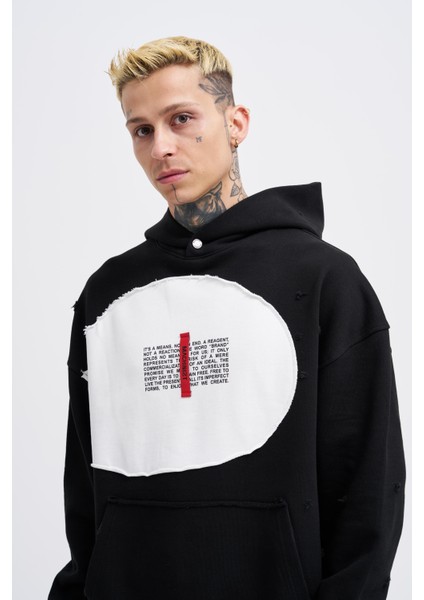 Erkek Printed And Patched Siyah Hoodie