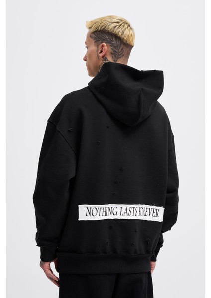 Erkek Printed And Patched Siyah Hoodie