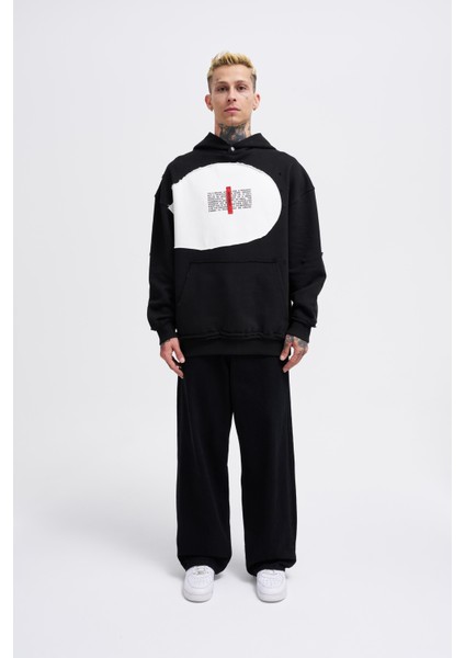 Erkek Printed And Patched Siyah Hoodie