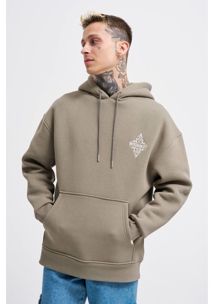 Erkek Patcwork Embroidered Haki Hoodie modelleri