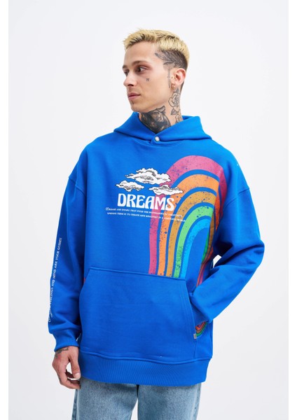 Erkek Rainbow Printed Açık Mavi Hoodie