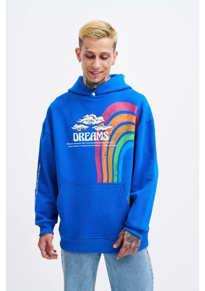 Erkek Rainbow Printed Açık Mavi Hoodie
