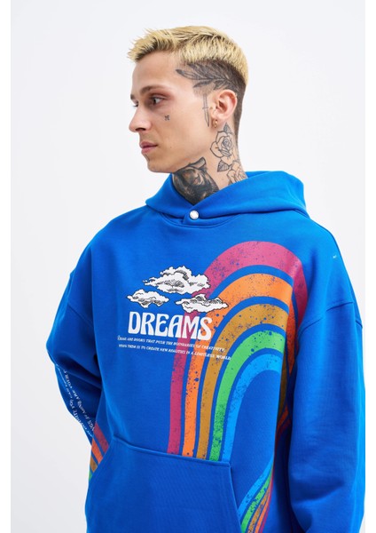 Erkek Rainbow Printed Açık Mavi Hoodie
