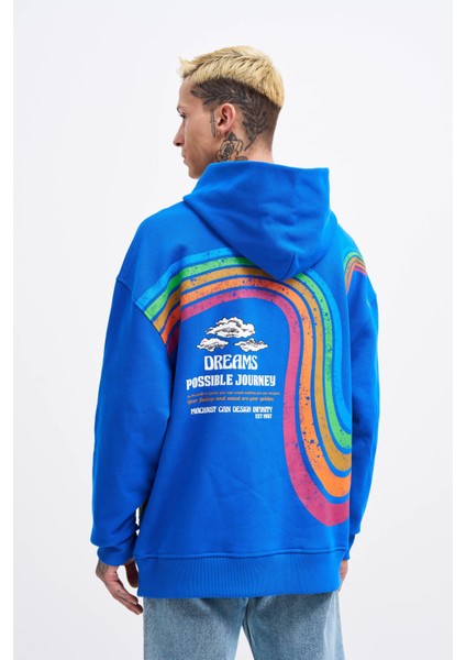 Erkek Rainbow Printed Açık Mavi Hoodie