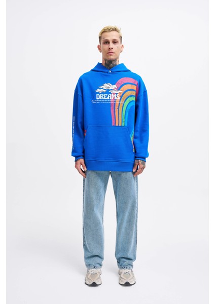 Erkek Rainbow Printed Açık Mavi Hoodie