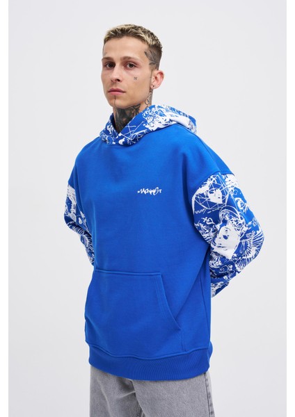 Erkek Graffiti Printed Açık Mavi Hoodie