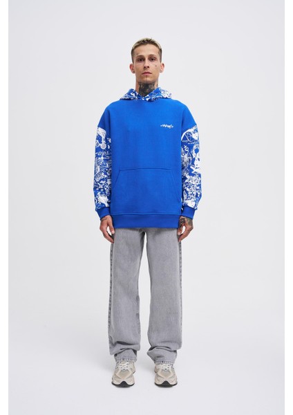 Erkek Graffiti Printed Açık Mavi Hoodie fırsatları