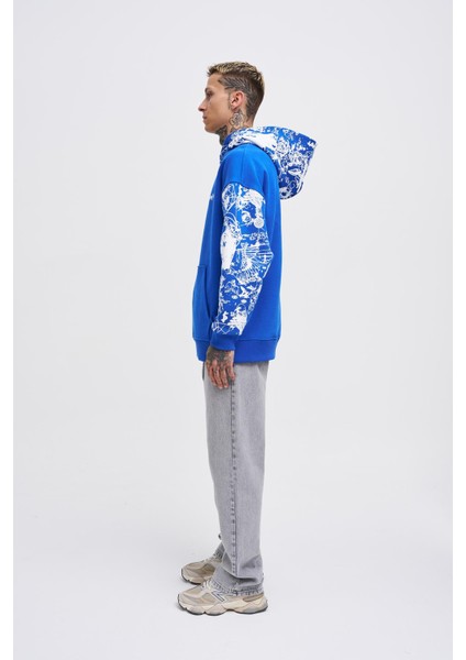 Erkek Graffiti Printed Açık Mavi Hoodie indirimleri