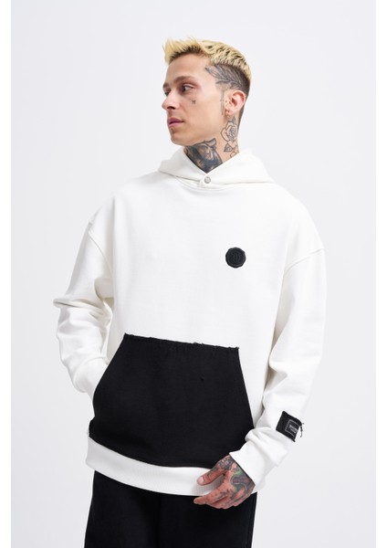Erkek Contrast Patchwork Ekru Hoodie