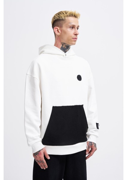 Erkek Contrast Patchwork Ekru Hoodie