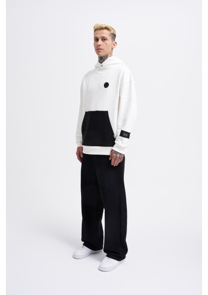 Erkek Contrast Patchwork Ekru Hoodie