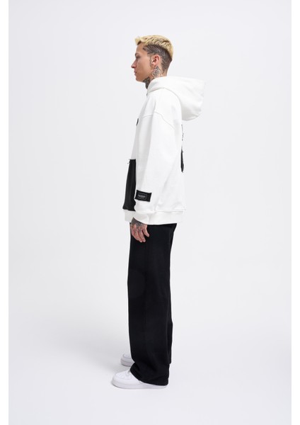Erkek Contrast Patchwork Ekru Hoodie