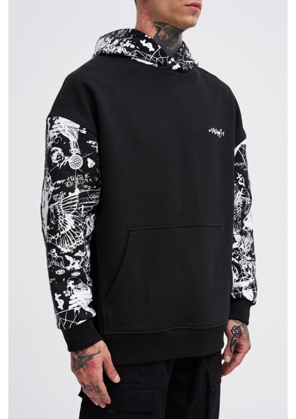 Erkek Graffiti Printed Siyah Hoodie