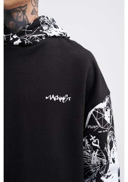 Erkek Graffiti Printed Siyah Hoodie