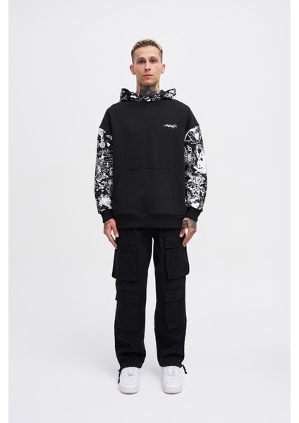 Erkek Graffiti Printed Siyah Hoodie