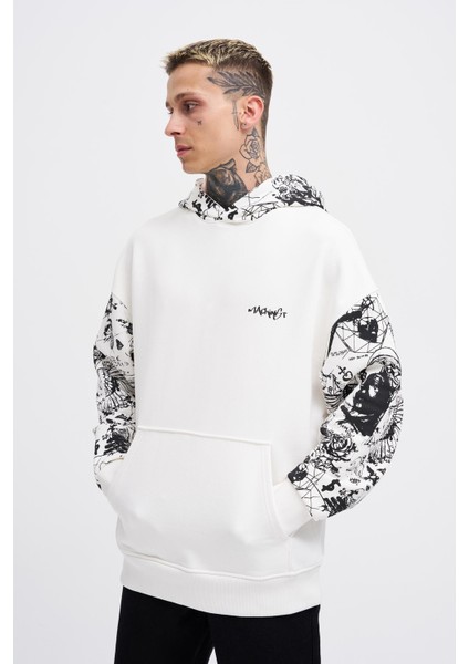 Erkek Graffiti Printed Ekru Hoodie