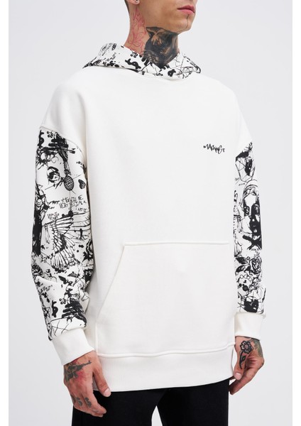 Erkek Graffiti Printed Ekru Hoodie
