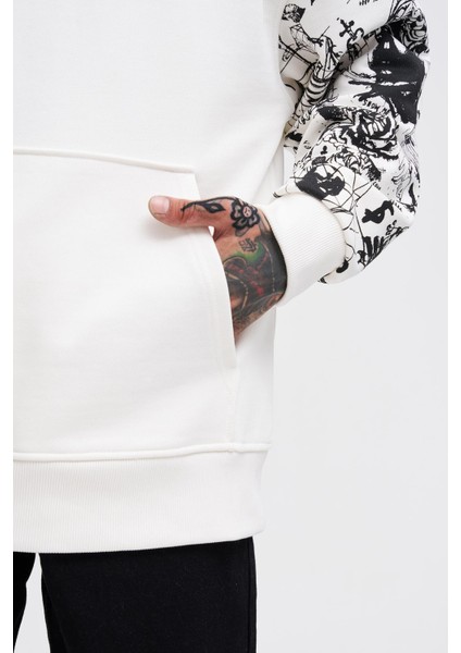 Erkek Graffiti Printed Ekru Hoodie