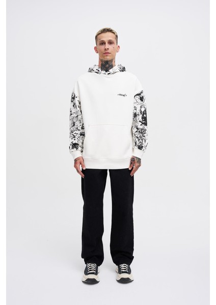Erkek Graffiti Printed Ekru Hoodie
